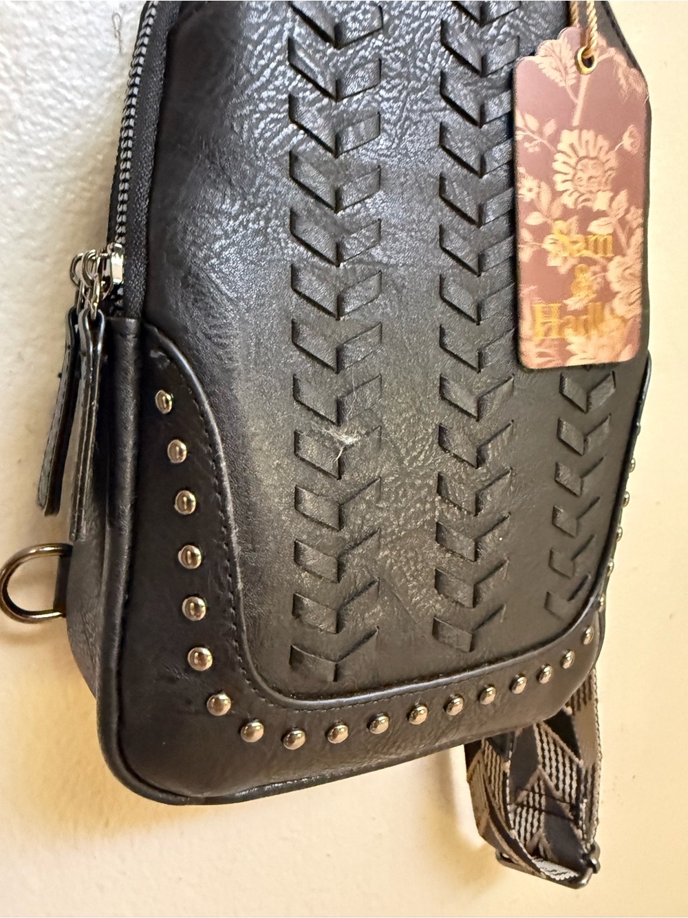 Sam & Hadley Black Studded Sling Crossbody Bag Woven Strap NWT